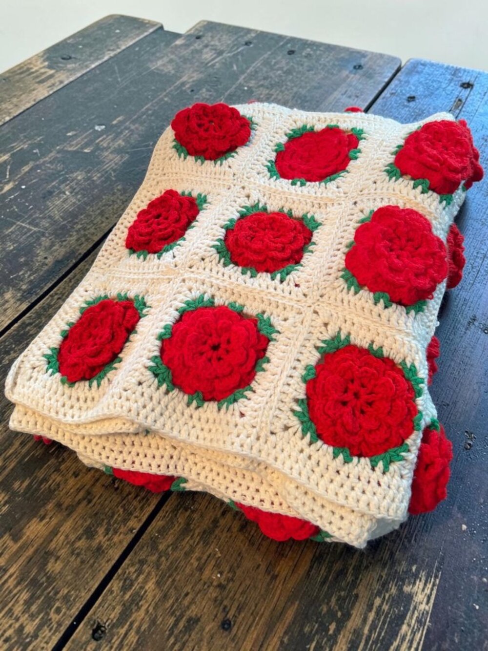 Handmade Crochet Blanket With Red 3D Rose Motif And White Background 42" X 68" V